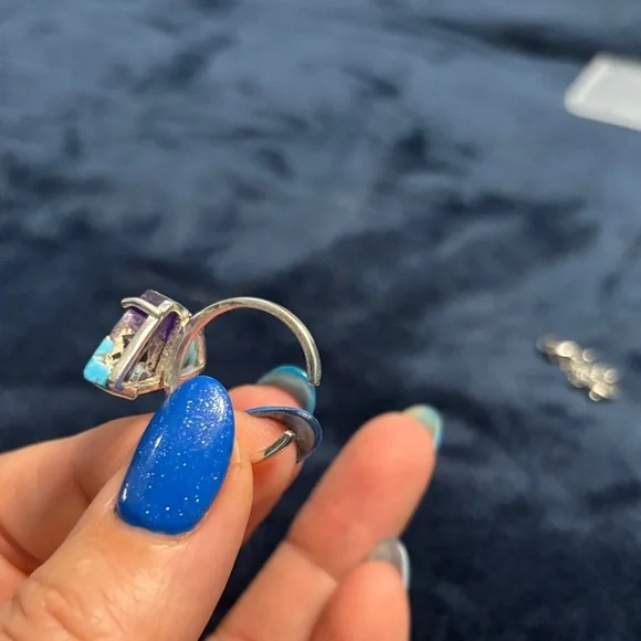 Elegant Purple and Blue Turquoise Sterling Silver Statement Adjustable Ring - Picture 6 of 6